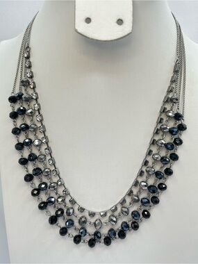 Ali Khan New York Silver Tone Layered Black Blue Crystal Glass Necklace
